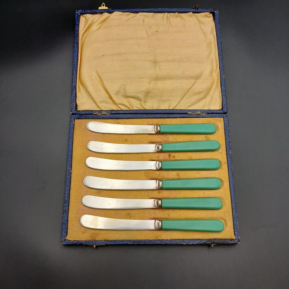 Antique EPNS Butter Knives Set Of 6 Original Box Green Discontinued